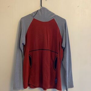 Melanzana Gray and Scarlet Microgrid Hooded Fleece Womens Large